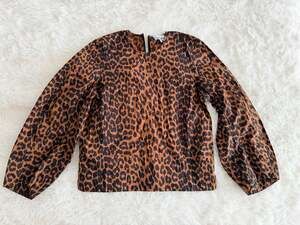 Ganni Leopard Print Balloon Sleeve Poplin Blouse Size Small